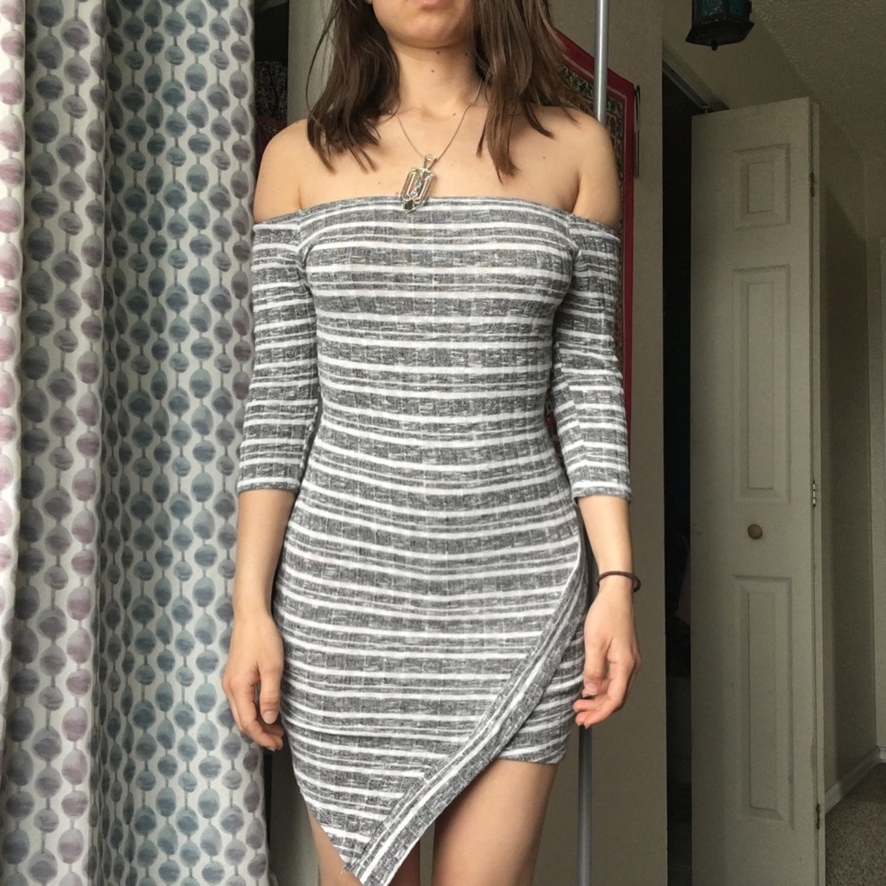 SOLD—Gray+White Striped Bodycon Dress